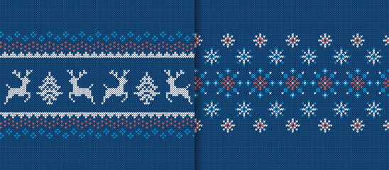 Christmas knit prints with deers and snowflakes. Blue seamless pattern. Knitted sweater texture. Fair isle traditional backgrounds. Set holiday ornaments. Festive crochet. Vector illustration