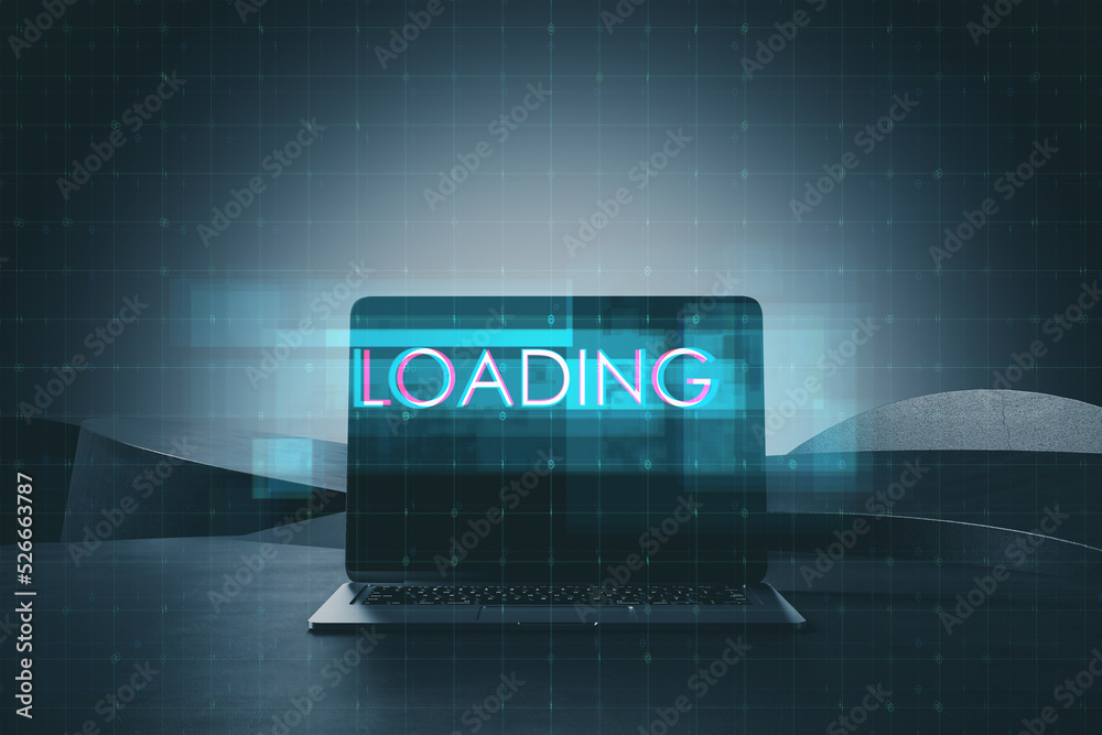 Poster close up of laptop with creative digital text hologram on blurry background. loading, technology and