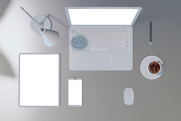 Top view of office table with laptop, smartphone and cellphone, coffee cup and supplies. Mock up, 3D Rendering.
