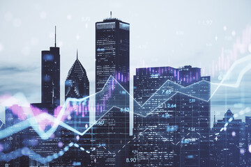 Abstract daytime city backdrop with glowing candlestick forex chart with index and grid. Invest, trade, finance ans stock market concept. Double exposure.