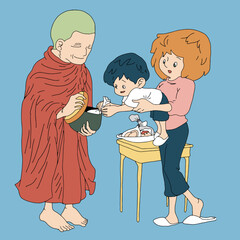 vector illustration of a mother holding a child to offer alms to monks