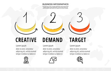 Modern business infographics template. Line timeline with three circles and arrows. Vector element for 3 number options, banner, presentations, web, content, levels, chart, graphic