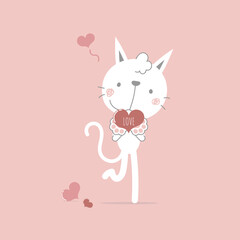 Obraz na płótnie Canvas cute and lovely hand drawn cat holding heart, happy valentine's day, birthday, love concept, flat vector illustration cartoon character design isolated