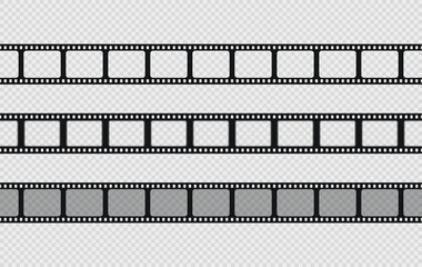Set of three seamless cinematic frame. Vintage video borders collection. Old photo roll on transparent background. Retro camera reel with slide. Close-up cinema seamless strip. Vector illustration.