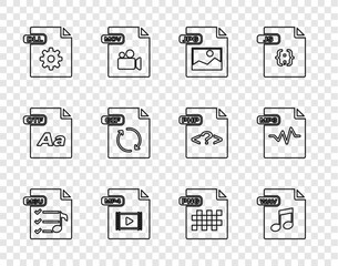 Set line M3U file document, WAV, JPG, MP4, DLL, GIF, PNG and MP3 icon. Vector