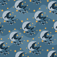whale family pattern swimming in the sky with stars