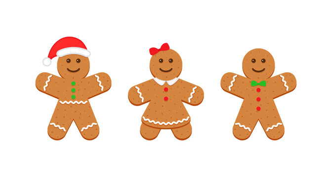 Gingerbread Christmas cookies. Three classic ginger bread man and woman figures. Noel holiday sweet dessert isolated on white background. Xmas cute biscuits. Vector illustration.