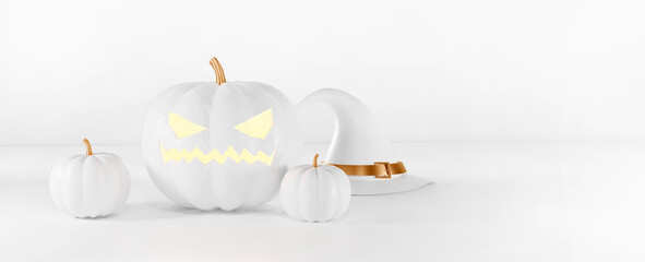 banner holiday halloween pumpkins and hat in light colors with space for text	
