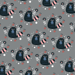 Black cat pattern sitting among the flowers. The black cat has a fat body. Around him are black and red flowers