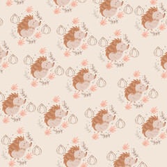 Cute pattern with hedgehog, fruit and leaves. Vector illustration for industry, pajamas and wallpaper.