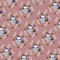 Vector illustration with cartoon owl sleeping. Owl cute pattern