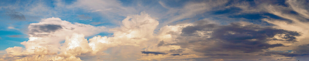 Banner Tropical summer blue sky fluffy white cloud summertime on light sunny day cloudscape. Panoramic Clear bright blue skyline spring sunlight climate background. Heaven blue ecology for web banner