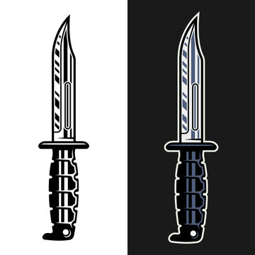 Combat knife set of vector objects in two styles monochrome on white and colored on dark background