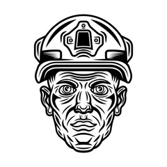 Soldier head, infantryman vector illustration in vintage monochrome style isolated on white background