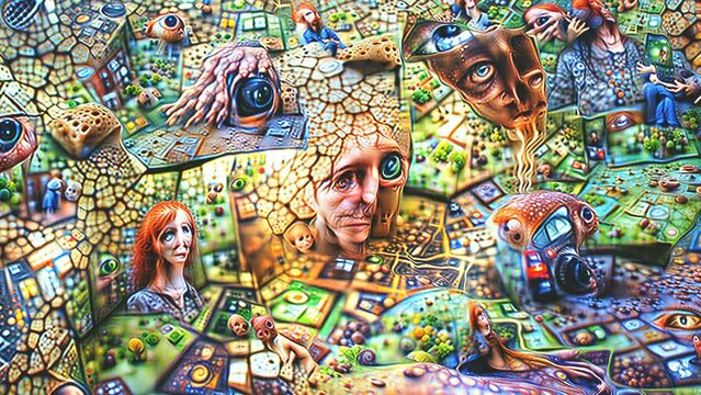 AI generated NFT crypto art of rainbow faces. Psychedelics digital image manipulation of an artificial intelligence.Cyberart travel into the mind concept.