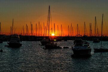 Yacht masts and rigging in silhouette at sunset