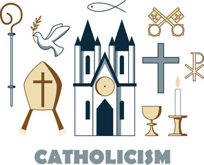 Symbols of Catholicism. Vector concept of Christian attributes.