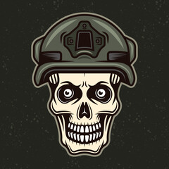 Soldier skull vector illustration in vintage colorful style on dark background, apparel design, t-shirt template