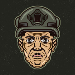Soldier head, infantryman vector illustration in vintage colorful style on dark background, apparel design, t-shirt template