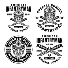 American infantryman set of vector vintage military emblems, labels, badges or logos with soldier head in helmet and combat knives. Monochrome illustration isolated on white background