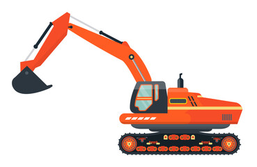 Orange excavator isolated. Icon. Digger, trackhoe. Heavy machinery. Flat vector illustration. 
