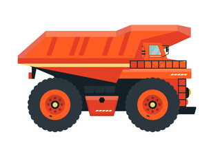Orange dump truck isolated. Icon. Dump trailer, lorry. Heavy machinery. Flat vector illustration. 