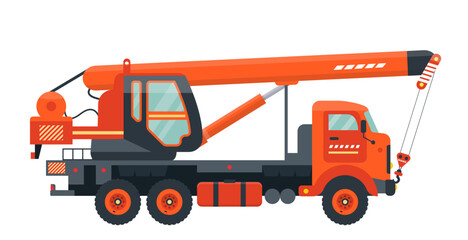 Orange mobile crane isolated. Icon. Cable-controlled, crawlers. Vehicle for lifting, handling, building, moving cargo, load. Heavy machinery. Flat vector illustration. 