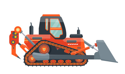 Orange bulldozer isolated. Icon. Crawler. Vehicle for pushing, handling, building. Heavy machinery. Flat vector illustration.   © Angelina