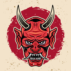Oni japanese culture horned red mask vintage vector colored illustration in retro style with grunge textures