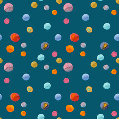 Seamless pattern bright colorful dots painted in watercolor on a blue green background. For fabric, sketchbook, wallpaper, wrapping paper.
