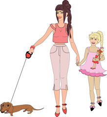Mom, daughter with a doll lead a dachshund on a leash.
