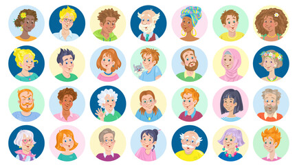 Big set of avatar icons of happy people of different ages and characters and nationalities. In cartoon style. Isolated on white background. Vector flat illustration.