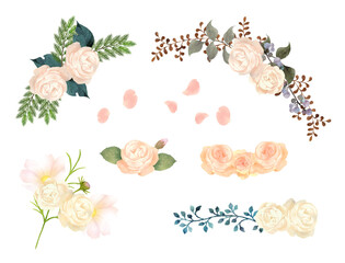 水彩で描いたピンクの薔薇のブーケセット Set of watercolor floral arrangements with pink roses.	