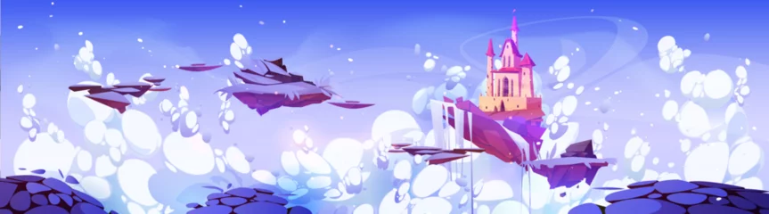 Fotobehang Fantasy winter landscape with castle, snow and frozen waterfall on floating islands. Royal palace, ice and white snow on ground pieces flying in sky with clouds, vector cartoon illustration © klyaksun