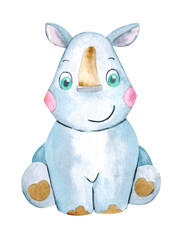 Rhinoceros Watercolor Illustration. Cartoon rhinoceros. Cute smiling rhinoceros watercolor. Rhinoceros in children's style. Africa watercolor animals. Safari collection with rhinoceros

