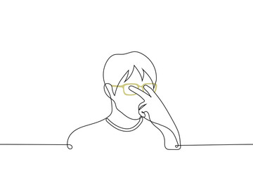man pokes his fingers into his eyes through empty spectacle frames - one line drawing vector. concept fake glasses, metaphor to smash rose-colored glasses - face reality