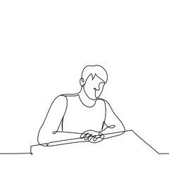 man sits at the table with his palms folded one on top of the other - one line drawing vector. concept obedient student, listen carefully, at a meeting