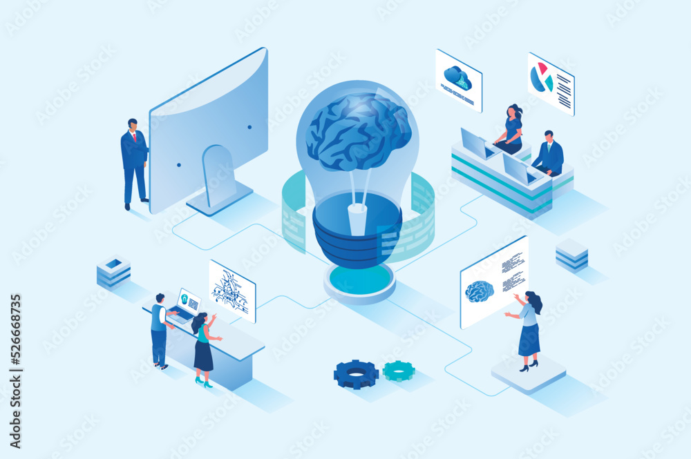Poster Brainstorming 3d isometric web design. People discuss and find solution to problem, generate creative ideas and improve business projects, work in team at meeting in office. Vector web illustration
