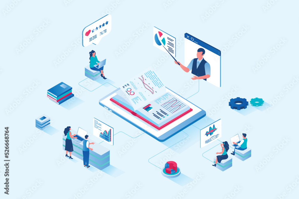 Poster business training 3d isometric web design. people improve their professional skills at business meet