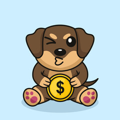 Vector illustration of premium cute dog holding gold coin