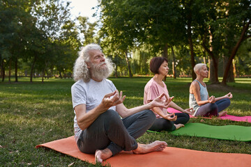 Three senior friends practicing yoga on lawn