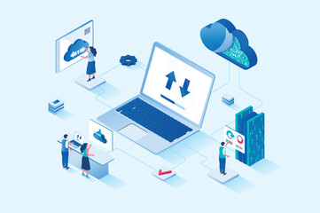 Cloud computing 3d isometric web design. People transfer data, share security access to online storage for other users, use hosting services or work with databases servers. Vector web illustration