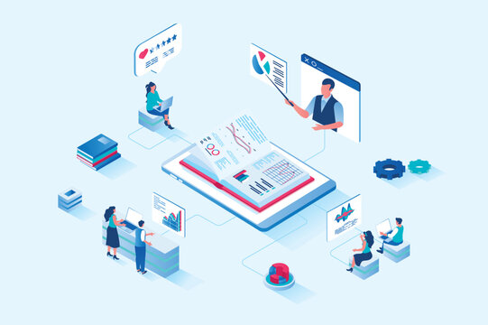 Business training 3d isometric web design. People improve their professional skills at business meetings, listen to coach, analyze company data on graphics and read textbooks. Vector web illustration