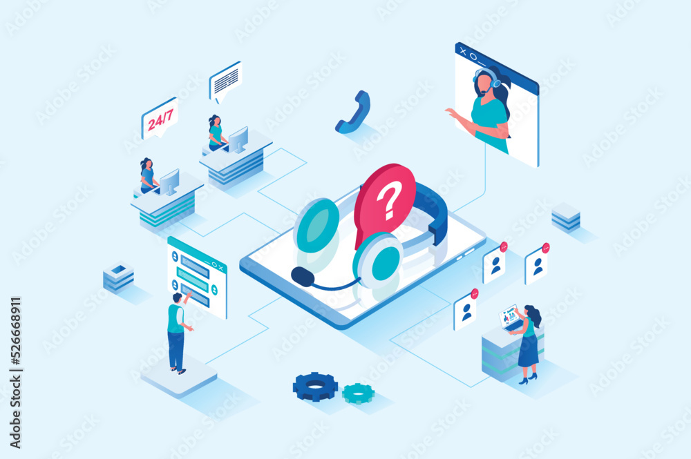 Poster Customer support 3d isometric web design. People call technical support to get advice and resolve their issues, operators in headsets answer and advise, chatting clients. Vector web illustration