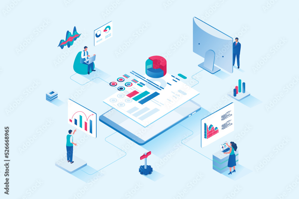 Poster Data analysis 3d isometric web design. People work with charts, diagrams and graphs, make financial reports for company and business accounting, auditing and analytics. Vector web illustration