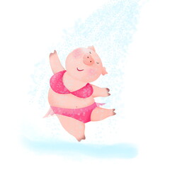 Piggy takes a shower. Illustration of a pig bathing in the water. Funny drawing for posters, prints, clothes, postcards.