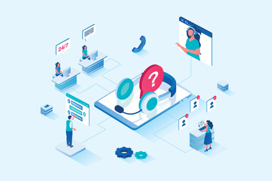 Customer Support 3d Isometric Web Design. People Call Technical Support To Get Advice And Resolve Their Issues, Operators In Headsets Answer And Advise, Chatting Clients. Vector Web Illustration