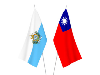 National fabric flags of Taiwan and San Marino isolated on white background. 3d rendering illustration.