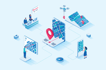 GPS navigation 3d isometric web design. People use mobile application with city map and get directions, track locations and move along streets with online navigator app. Vector web illustration
