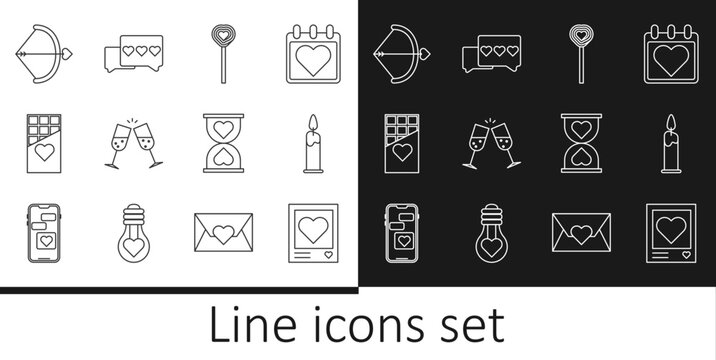 Set line Photo frames and hearts, Burning candle, Lollipop, Glass of champagne, Chocolate bar, Bow arrow, Heart the center hourglass and Like icon. Vector